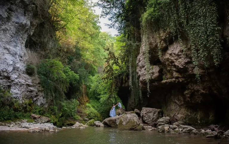 Romantic anniversary photos of a couple in a gorge near Lausanne in Switzerland