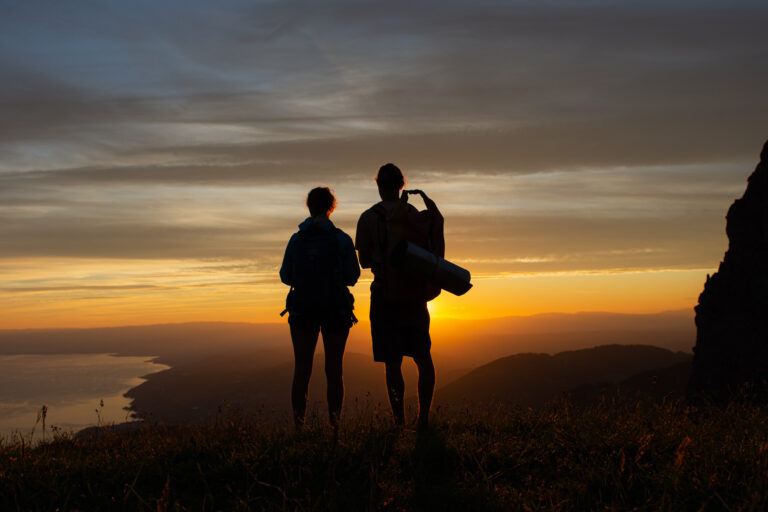 Adventure couple photos at sunset in the mountains near Montreux