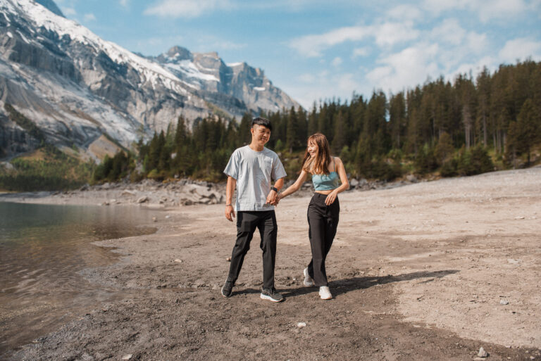 couple portrait session by Lake Oeschinensee in Switzerland