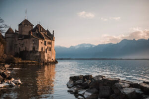 Romantic lakeside view of Chillon Castle near Montreux on Lake Geneva, Switzerland