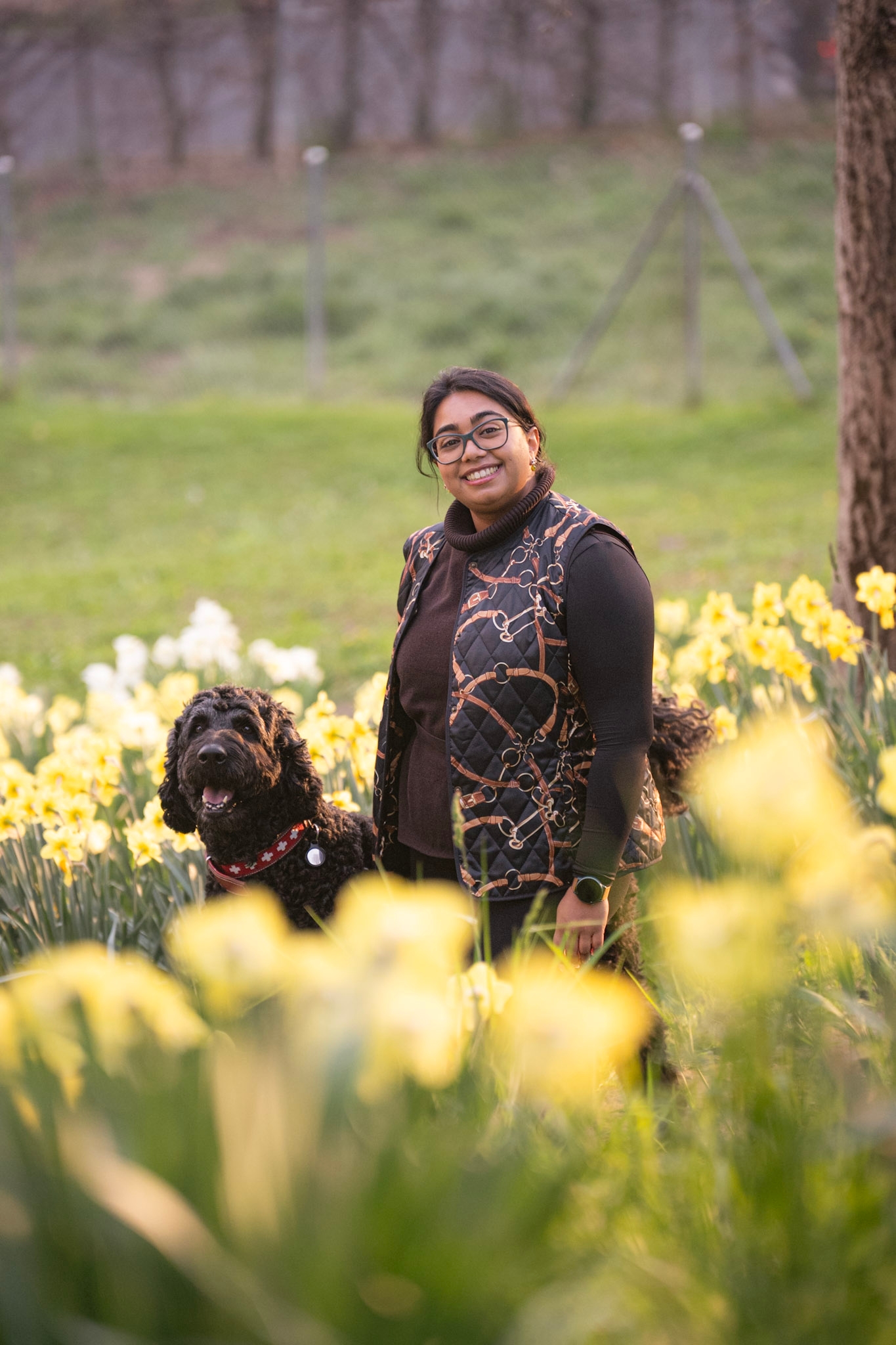 Young woman with her dog during a photo session in a daffodils field in Montreux