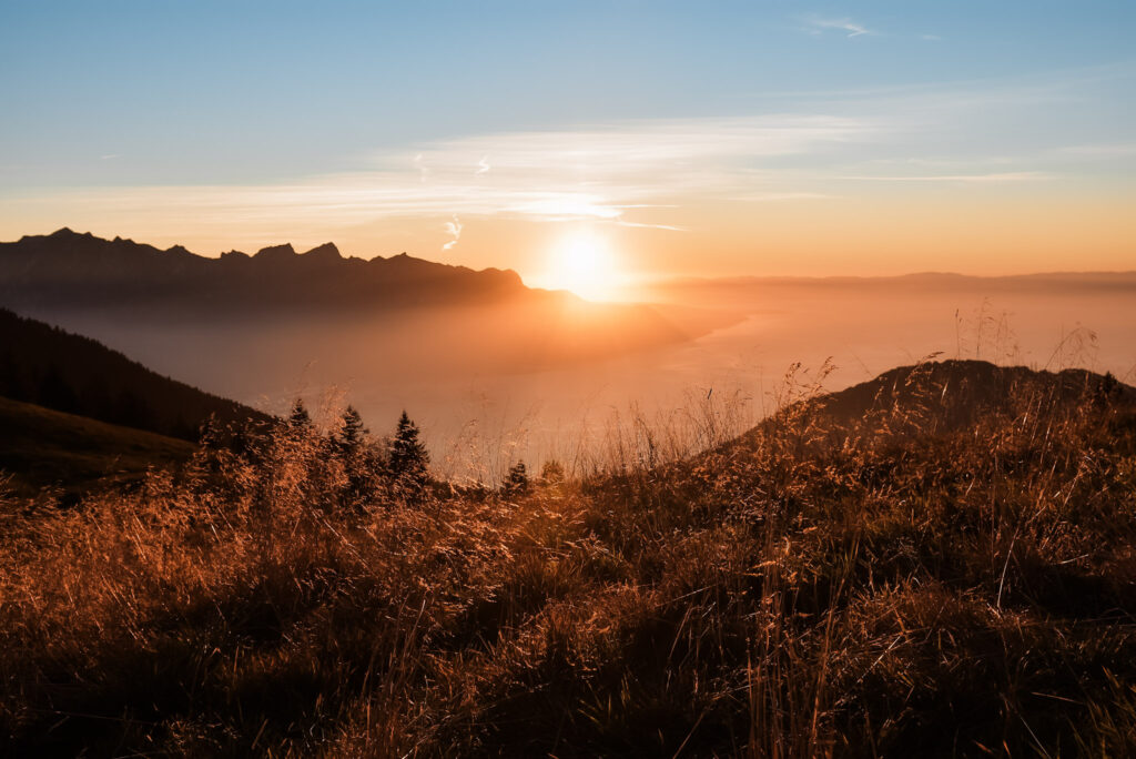 Sunset from a mountain pass in the region of Montreux