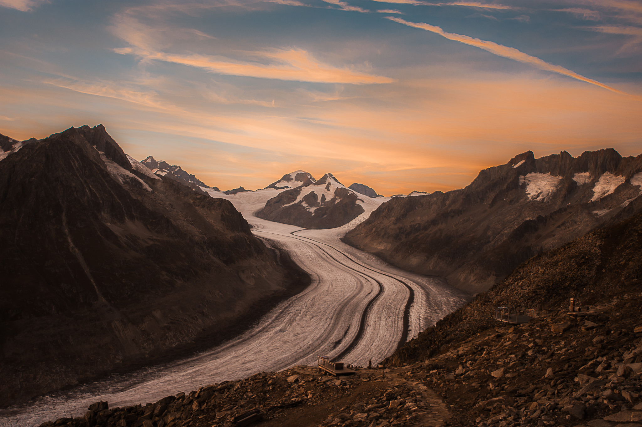 Aletsch Glacier panoramic view in Switzerland, dramatic alpine landscape for adventure proposals