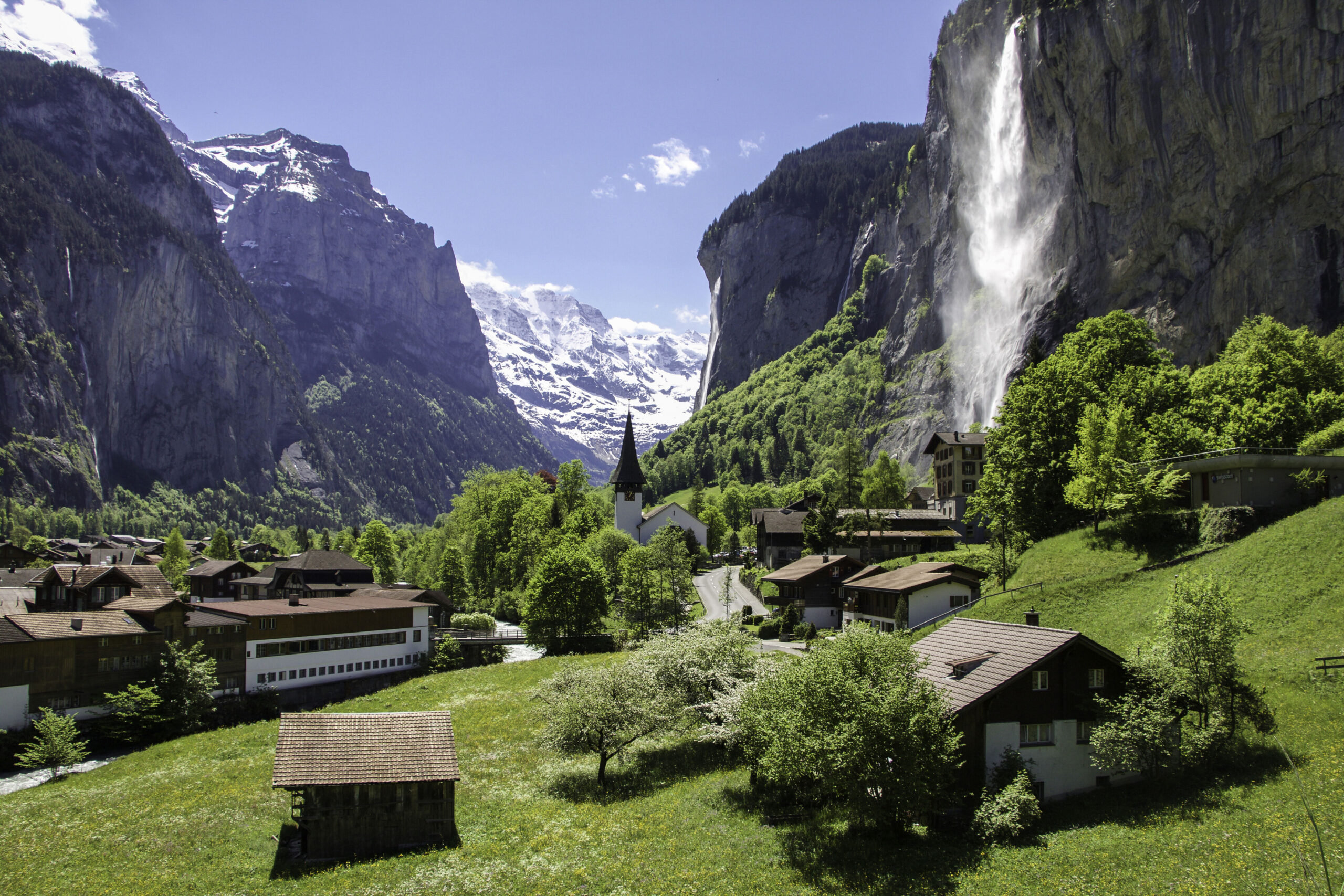 Lauterbrunnen valley with waterfalls and alpine scenery, romantic proposal location in Switzerland