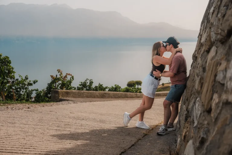Dimitris and Alisa embracing as the late-afternoon light turns golden in Lavaux.