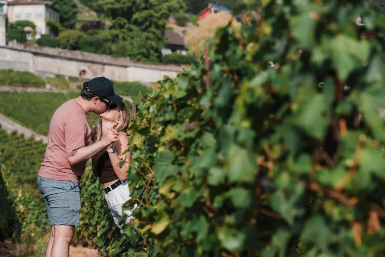 Dimitris and Alisa celebrating their engagement among the vineyards of the Swiss Riviera.