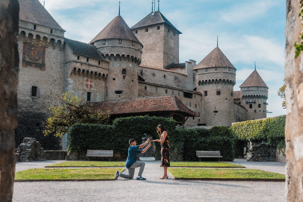 Emotional reaction during a surprise proposal photographed in Montreux, Switzerland