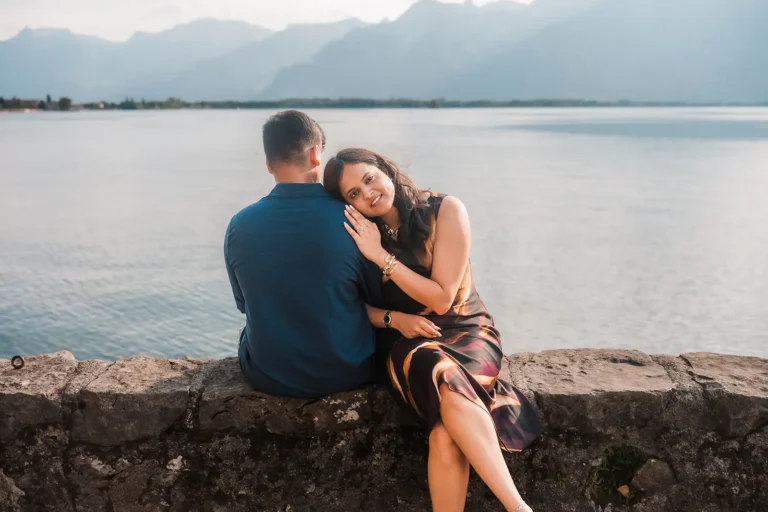 Couple photographed together beside Lake Geneva in Switzerland