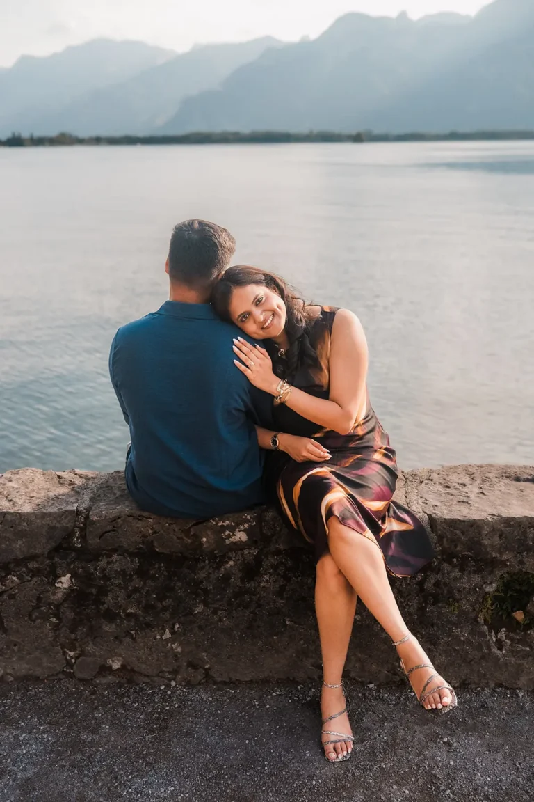 Natural engagement portrait of a couple laughing together in Montreux