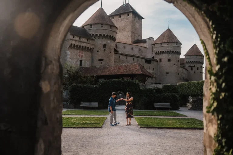 Candid photograph of a newly engaged couple enjoying their session in Montreux