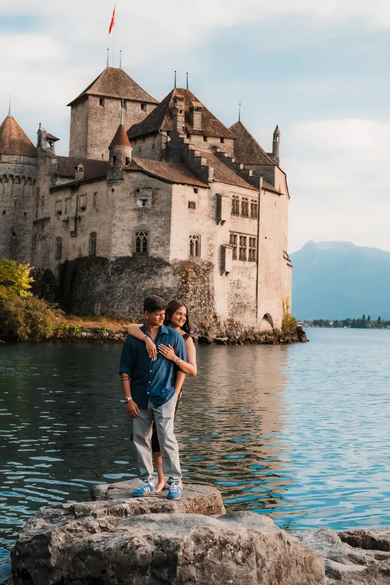 Relaxed engagement photography beside Chillon Castle on the Swiss Riviera