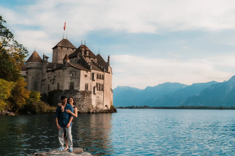 Romantic portrait of a newly engaged couple near Château de Chillon