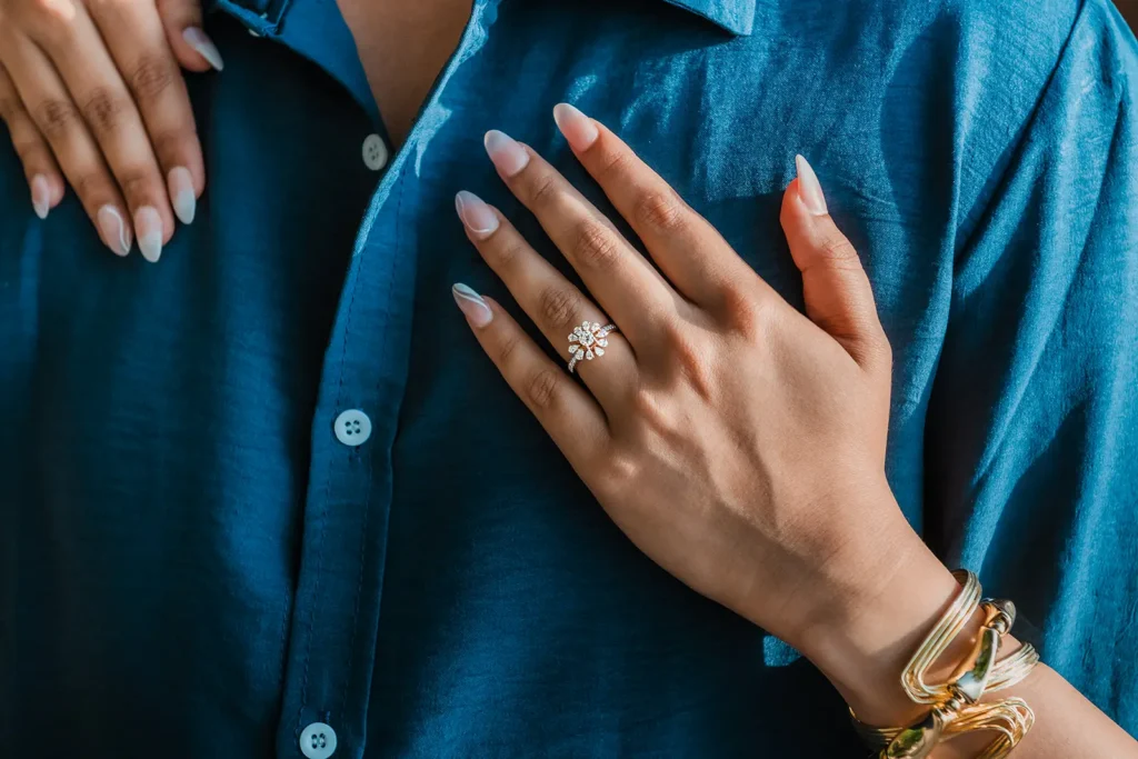 Engagement ring photographed during a couple session near Château de Chillon