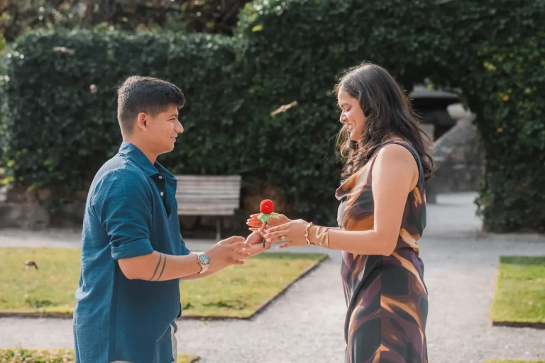 Newly engaged couple celebrating moments after a surprise proposal in Montreux