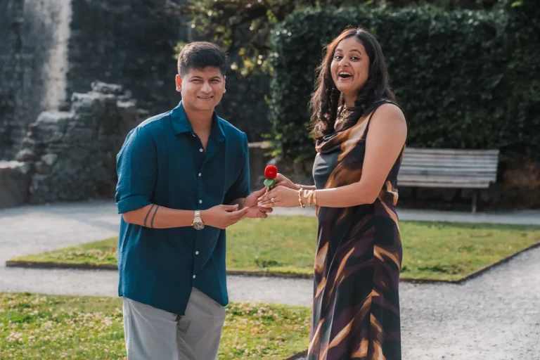 Candid moment between a newly engaged couple during a Swiss Riviera proposal
