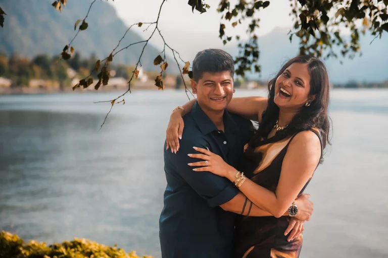 Romantic surprise proposal beside Lake Geneva with Swiss mountain scenery