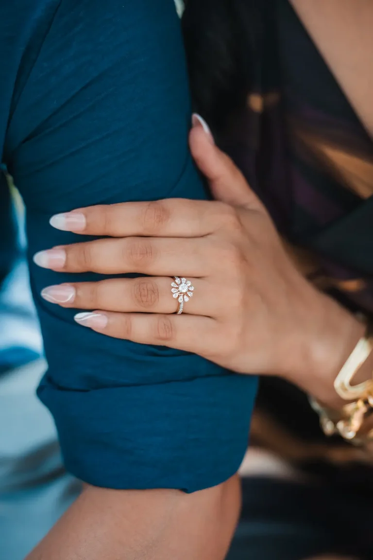 Detail of an engagement ring after a proposal beside Lake Geneva