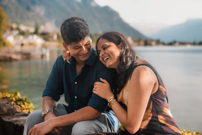 Emotional moments immediately after a surprise proposal on the Swiss Riviera