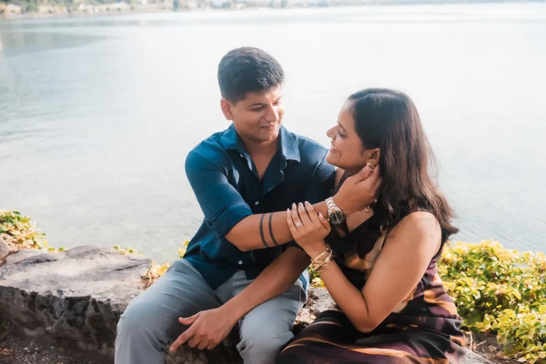 Relaxed engagement portraits beside Lake Geneva in the Montreux region