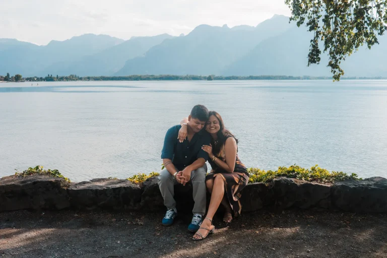 Candid portrait of a newly engaged couple on the Swiss Riviera