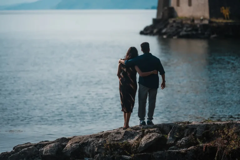 Natural couple portrait beside Lake Geneva near Montreux