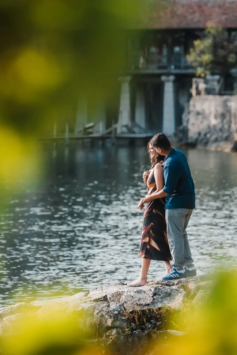 Couple enjoying their engagement photo session around