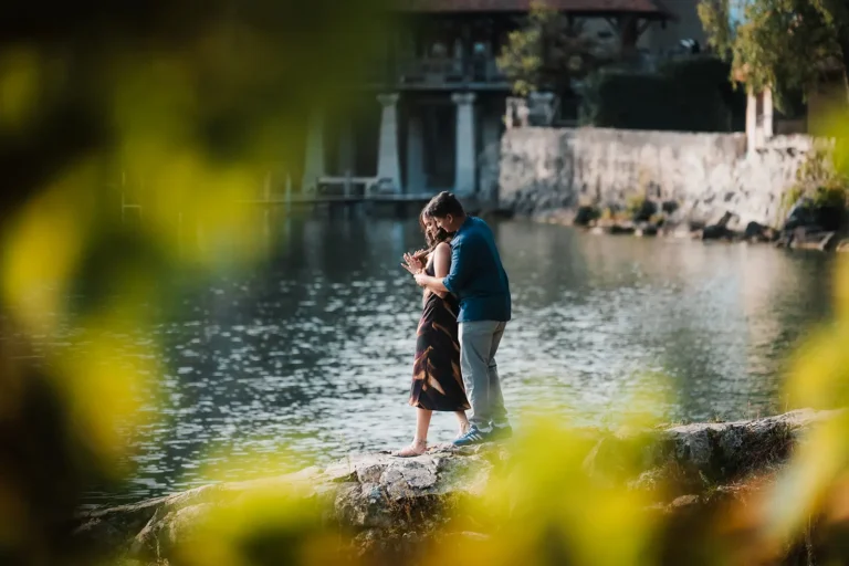 Natural engagement portrait of a couple laughing together in Montreux
